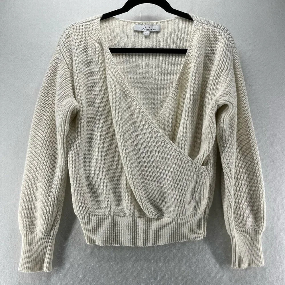 Callahan Sweater Womens Sz XS Ribbed Surplice Long Sleeve Pullover Cotton Ivory